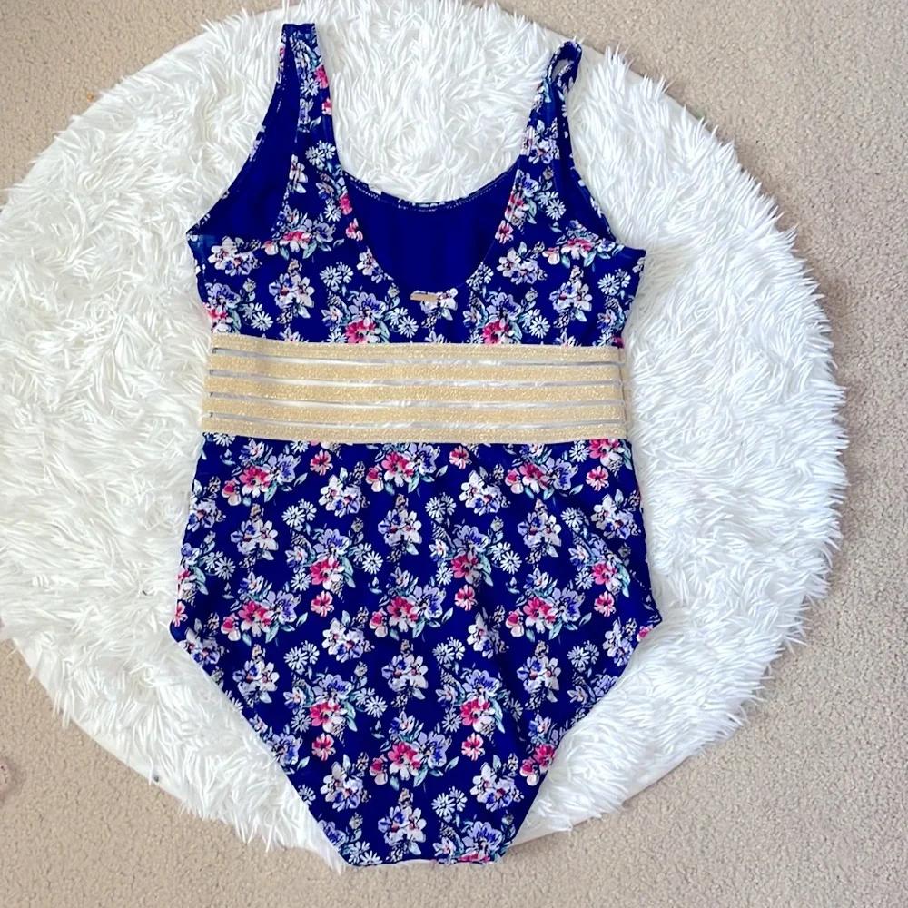 Nicole Miller New York One Piece Blue Floral Pattern mesh middle